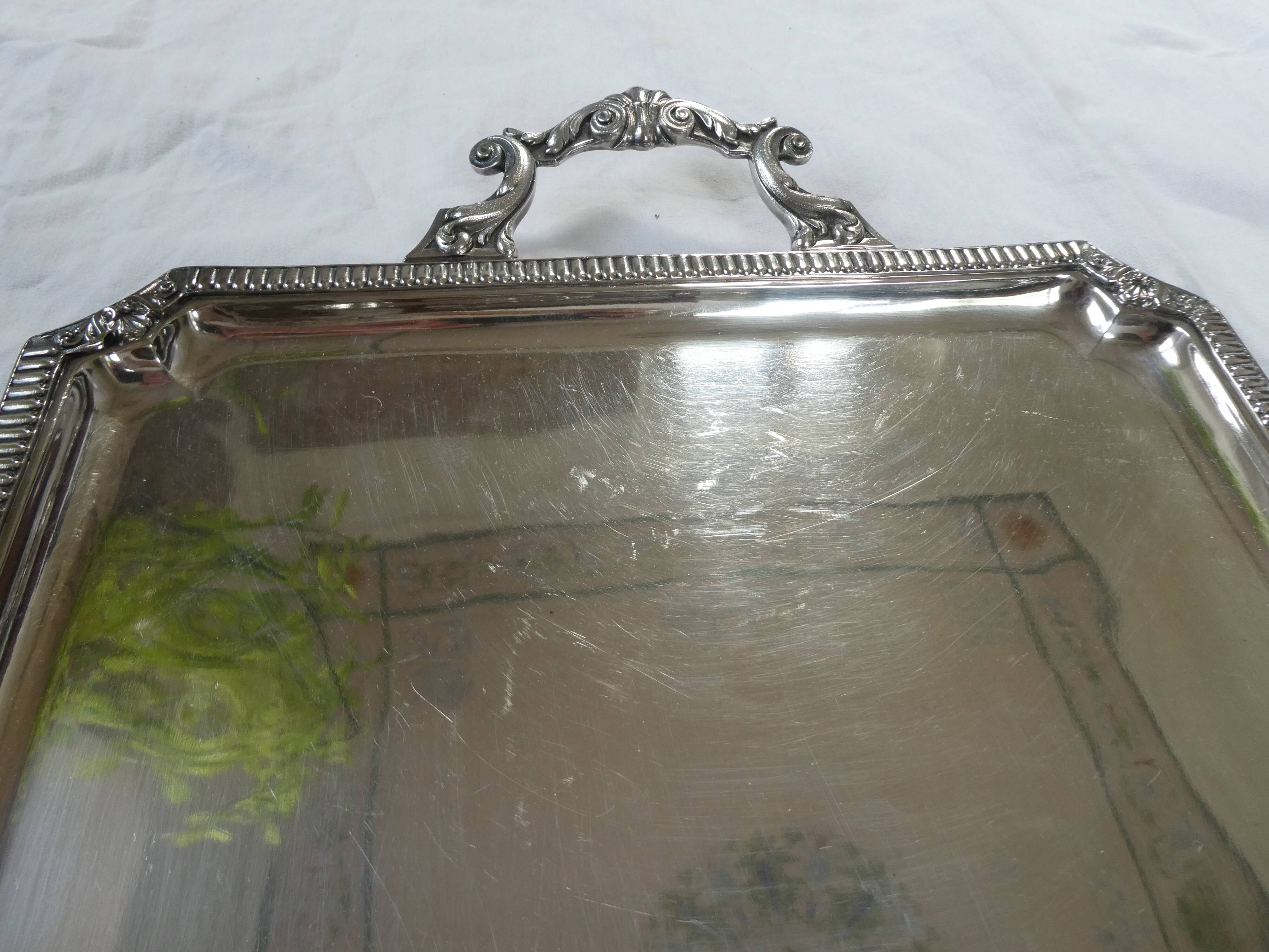 Large rectangular silver metal tray with handles Maison Wiskemann
