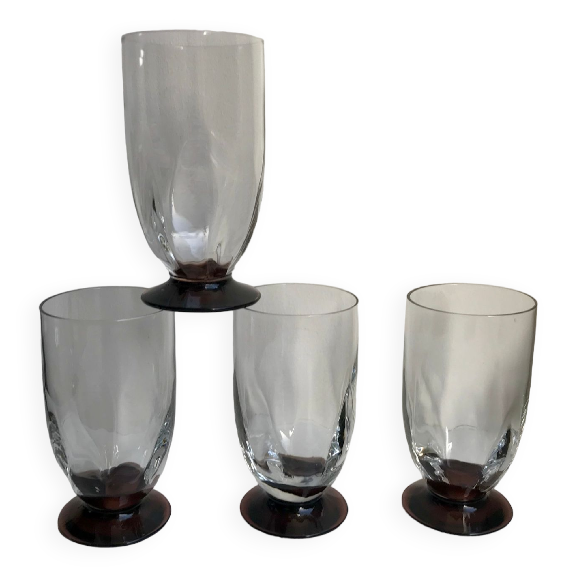 Set of 4 small glasses / flutes with purple feet art deco 30s