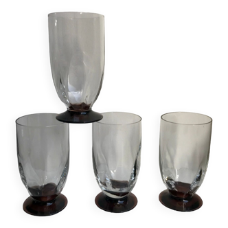 Set of 4 small glasses / flutes with purple feet art deco 30s