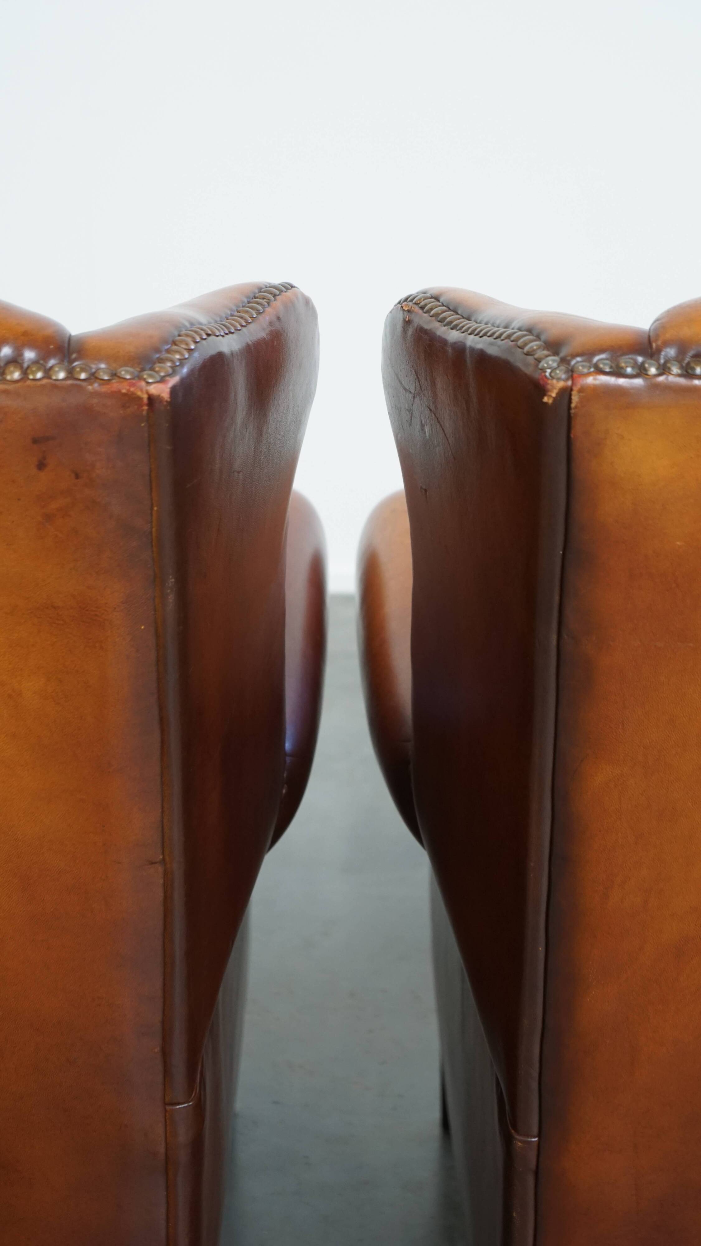 Set of 2 English style sheepskin leather wingback armchairs