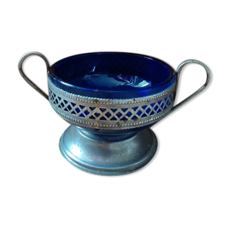 Trinket bowl blue glass base metal patinated