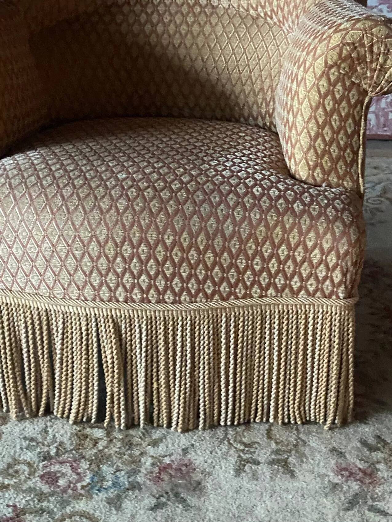 Pair of renovated upholstered frog chairs in beige velvet.