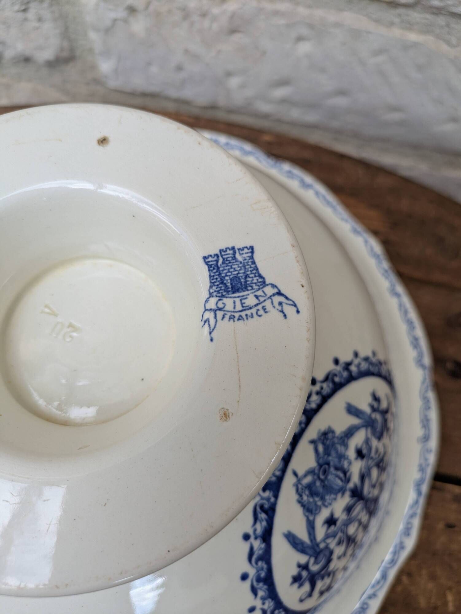 Vintage large salad bowl Gien Rouen model blue arabesques 30x14cm