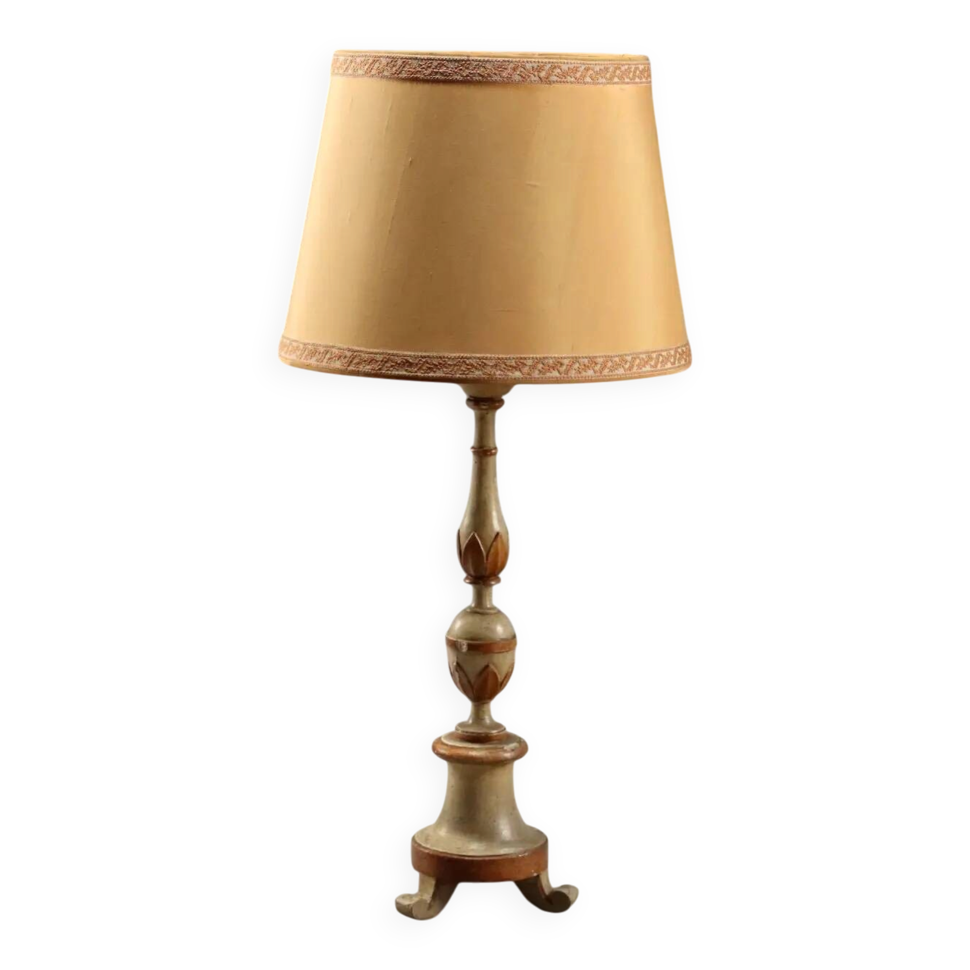 Antique carved lacquered wooden candelabrum with fabric, 19th century