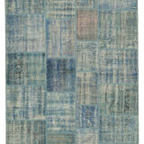 Hand-Knotted Anatolian Contemporary 176 cm x 243 cm Blue Patchwork Carpet
