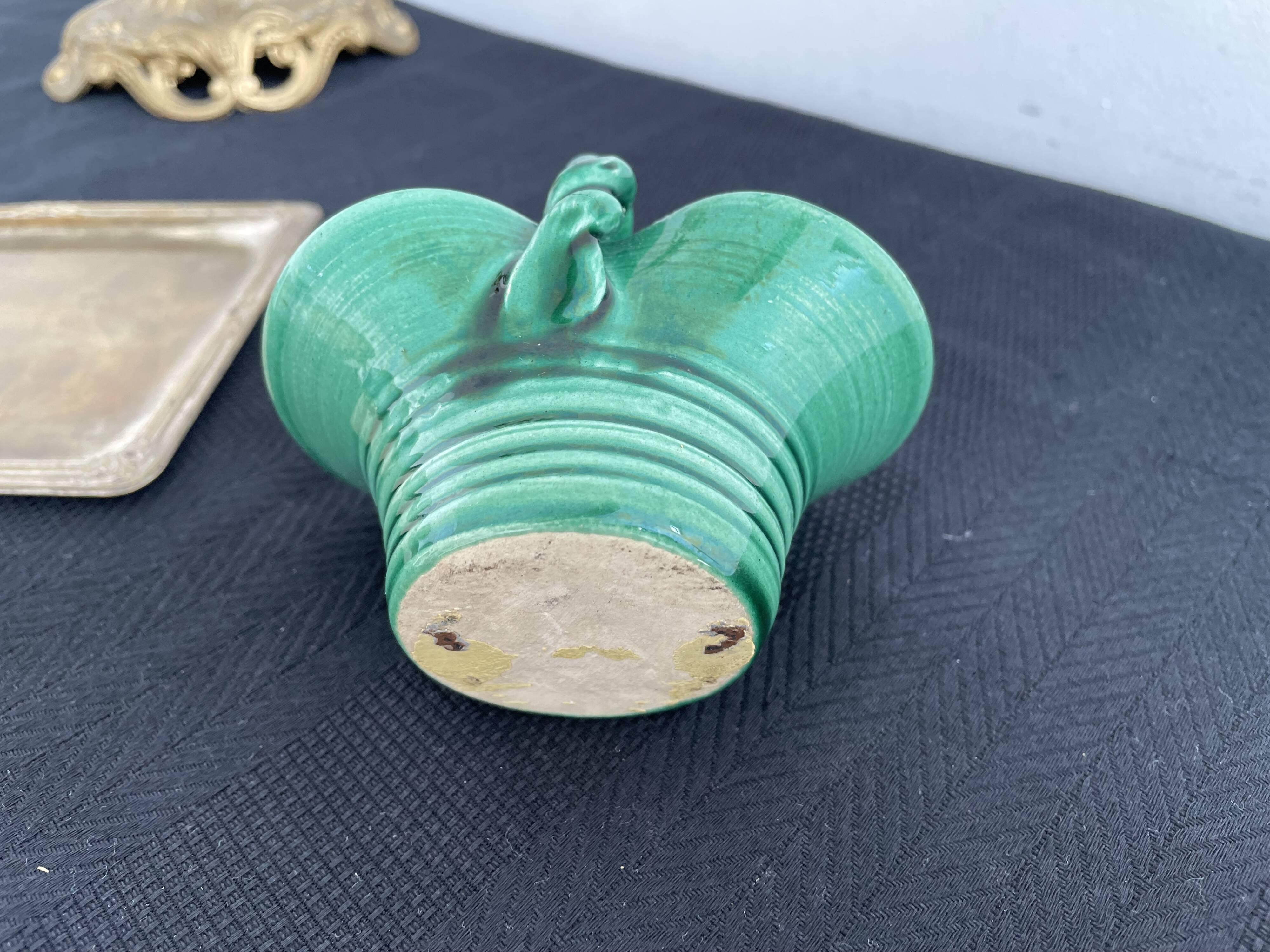 Vintage, woven basket, green, glazed earthenware, grooves, stylized, décor, French decoration, Fran