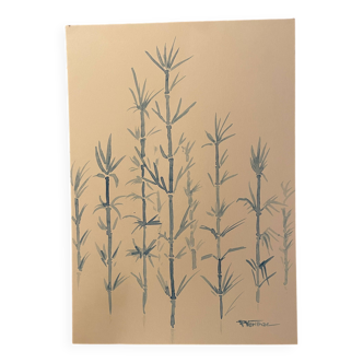 Tableau signé aquarelle monochrome « Bambous » zen