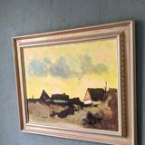 Mid-Century Modern Swedish "Yellow Skies" Vintage Landscape Oil Painting, Framed