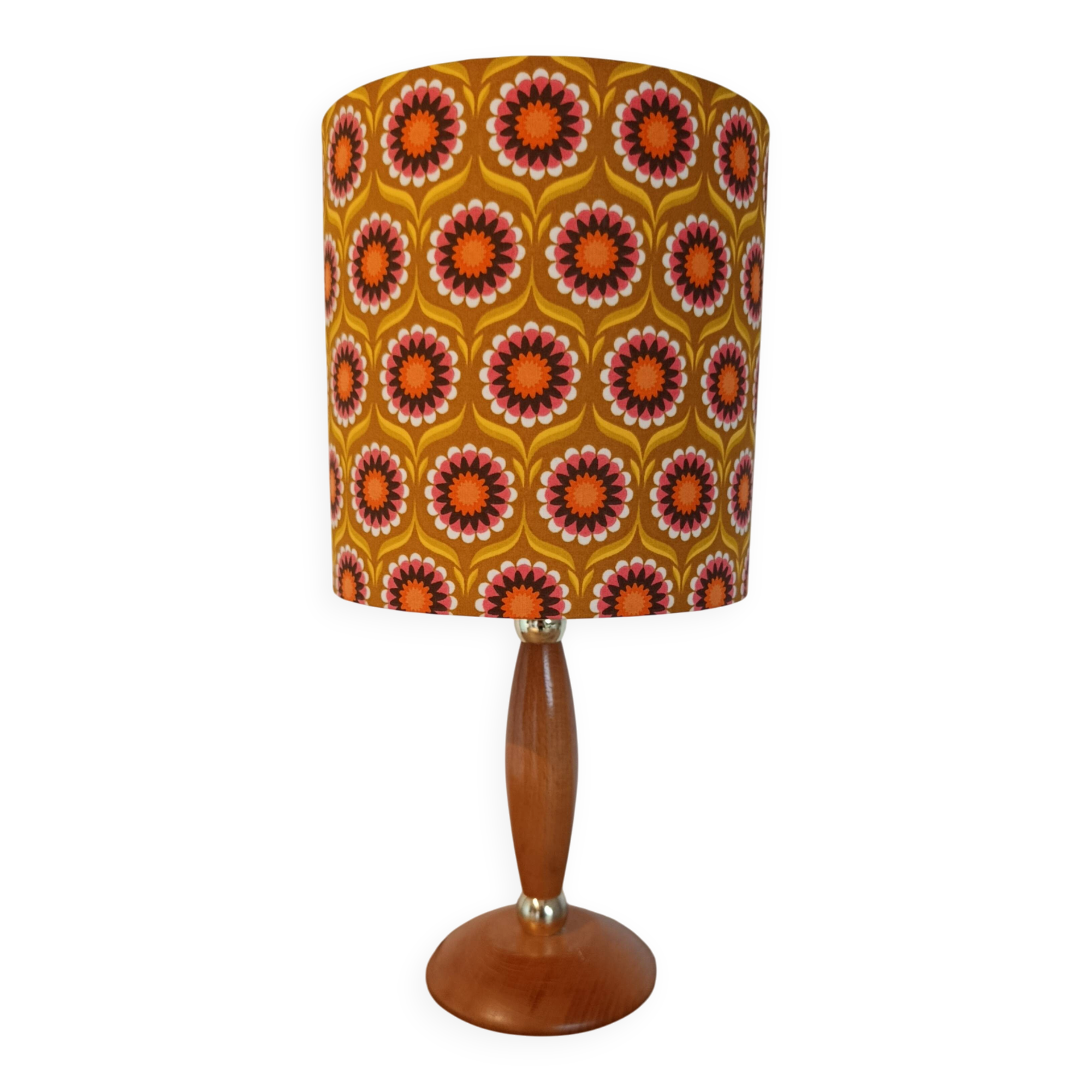 Mid-century wooden table lamp, retro-pop saffron print