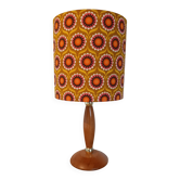 Mid-century wooden table lamp, retro-pop saffron print