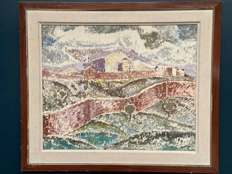 Original Swedish Oil on Canvas – "Landscape with Buildings" by Gösta Nordblad – Signed – Vintage and Framed