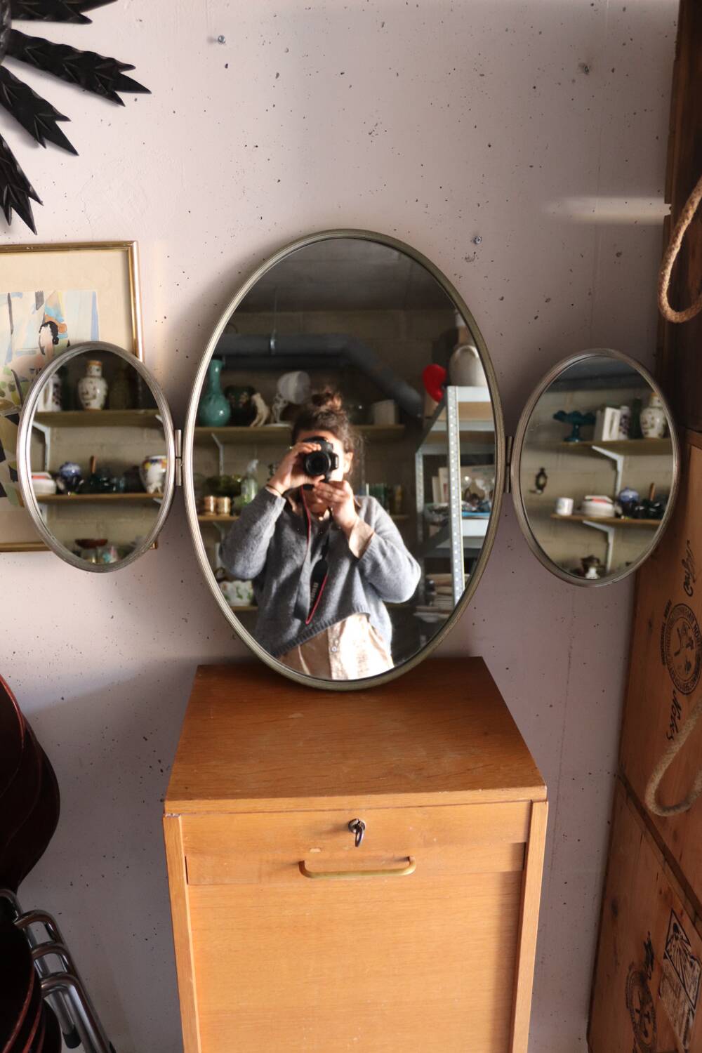 Vintage triptych mirror from a 1950s dressing table in nickel-plated silver.
