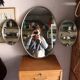 Vintage triptych mirror from a 1950s dressing table in nickel-plated silver.