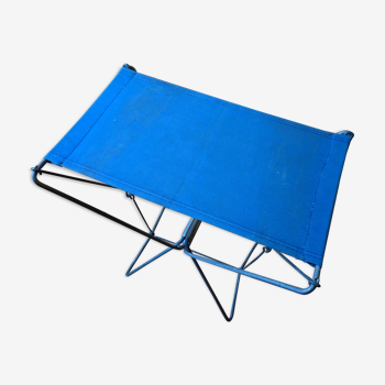 Folding stool, metal and blue fabrics, vintage 60s
