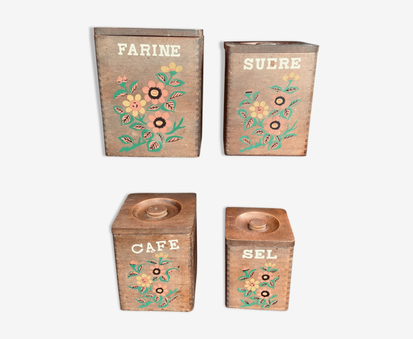 Ensemble de 4 pots à épices en bois, années 50