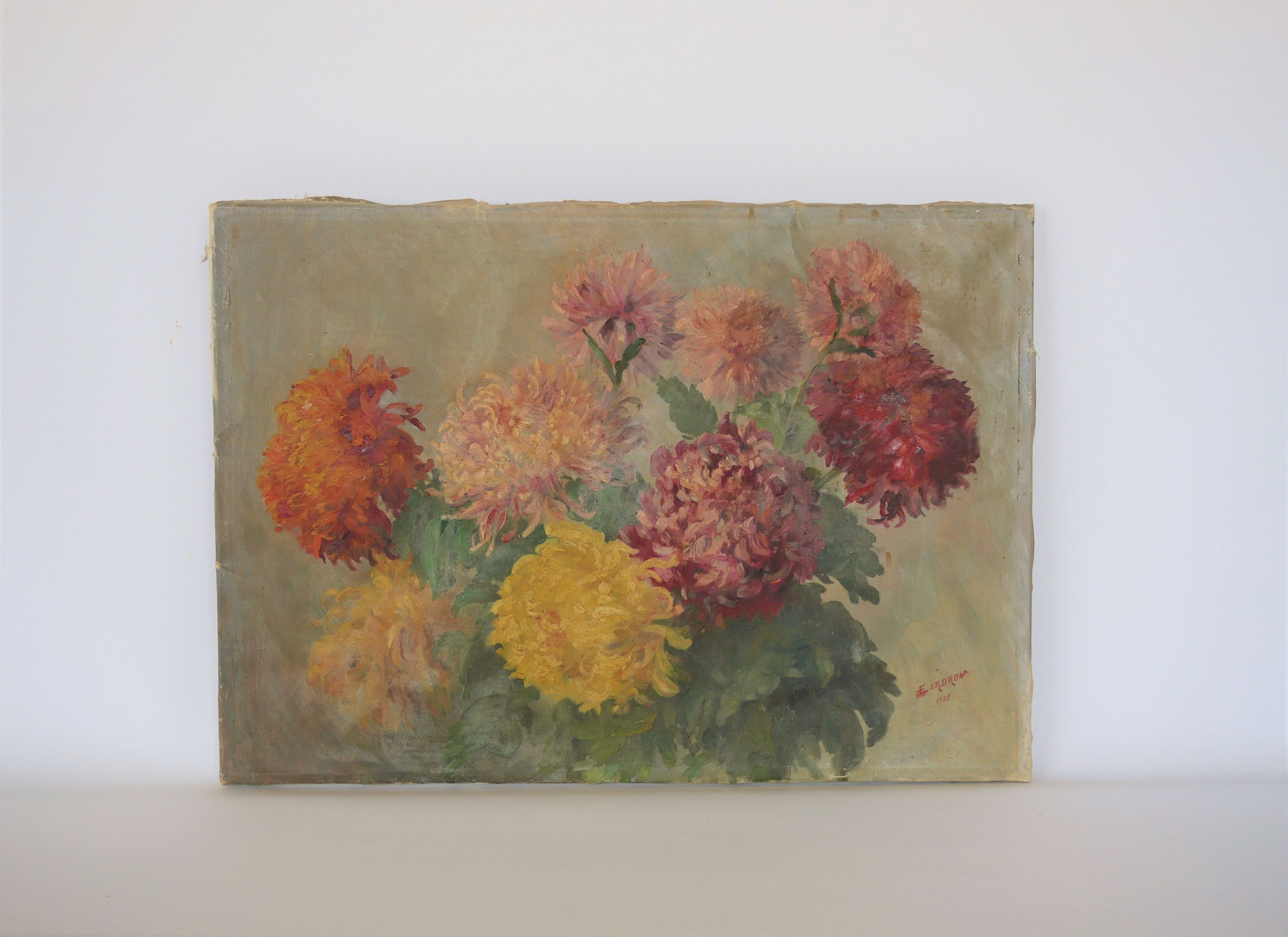 Table flowers oil on vintage canvas