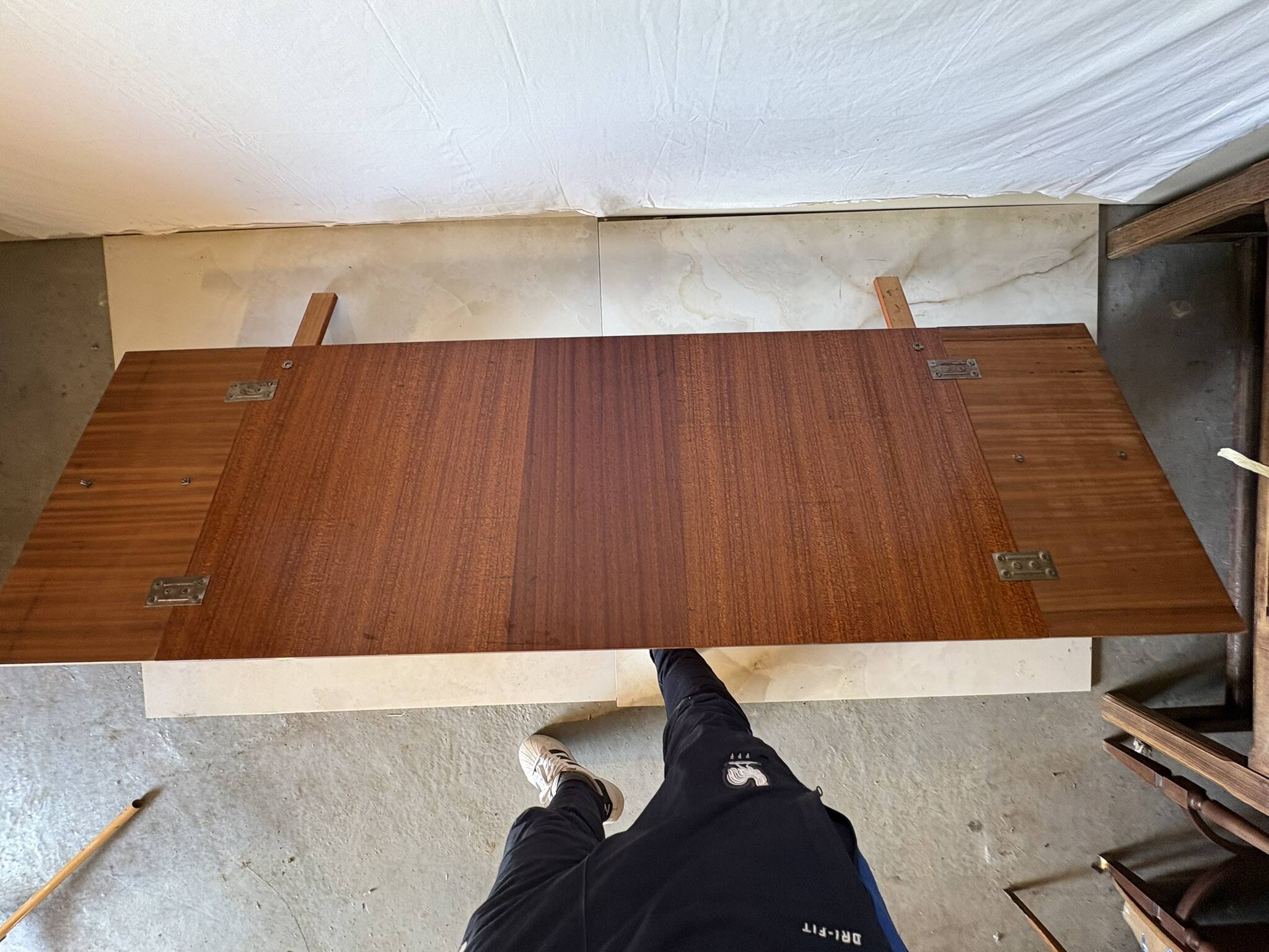 Varnished mahogany headboard, integrated bedside tables, 1960s