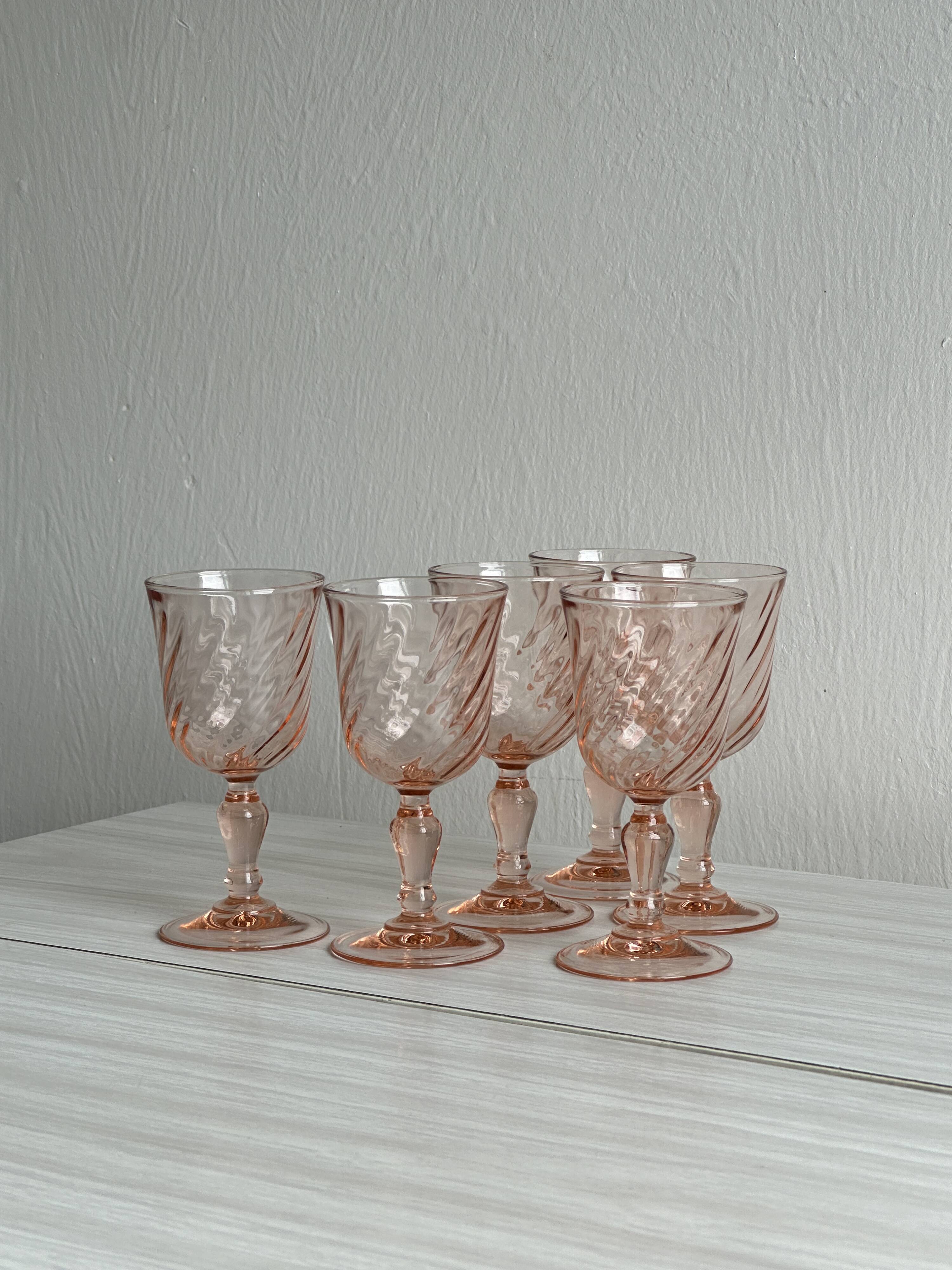 6 liqueur stemmed glasses in twisted pink glass, rosaline.