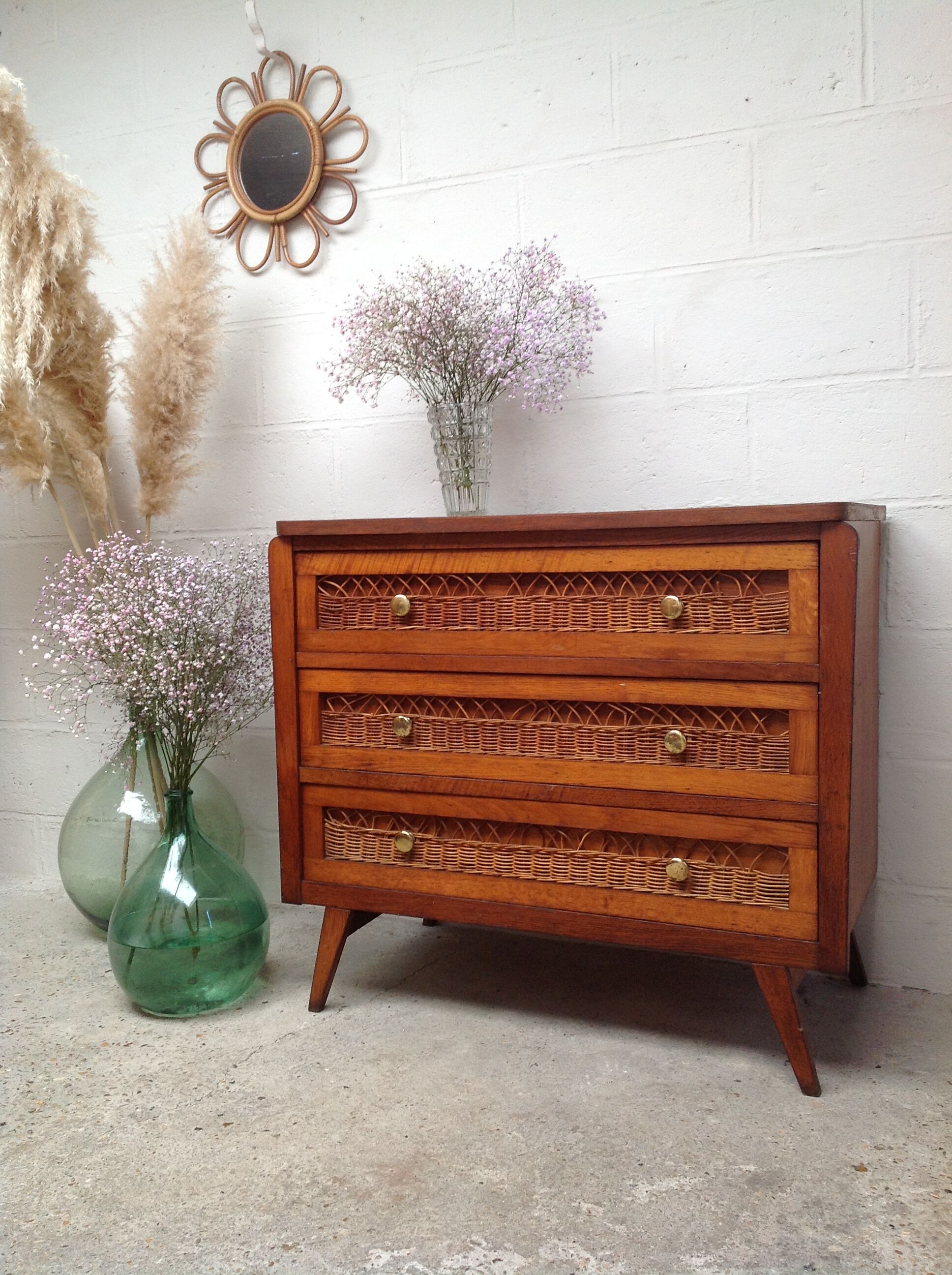 Vintage wooden and rattan dresser