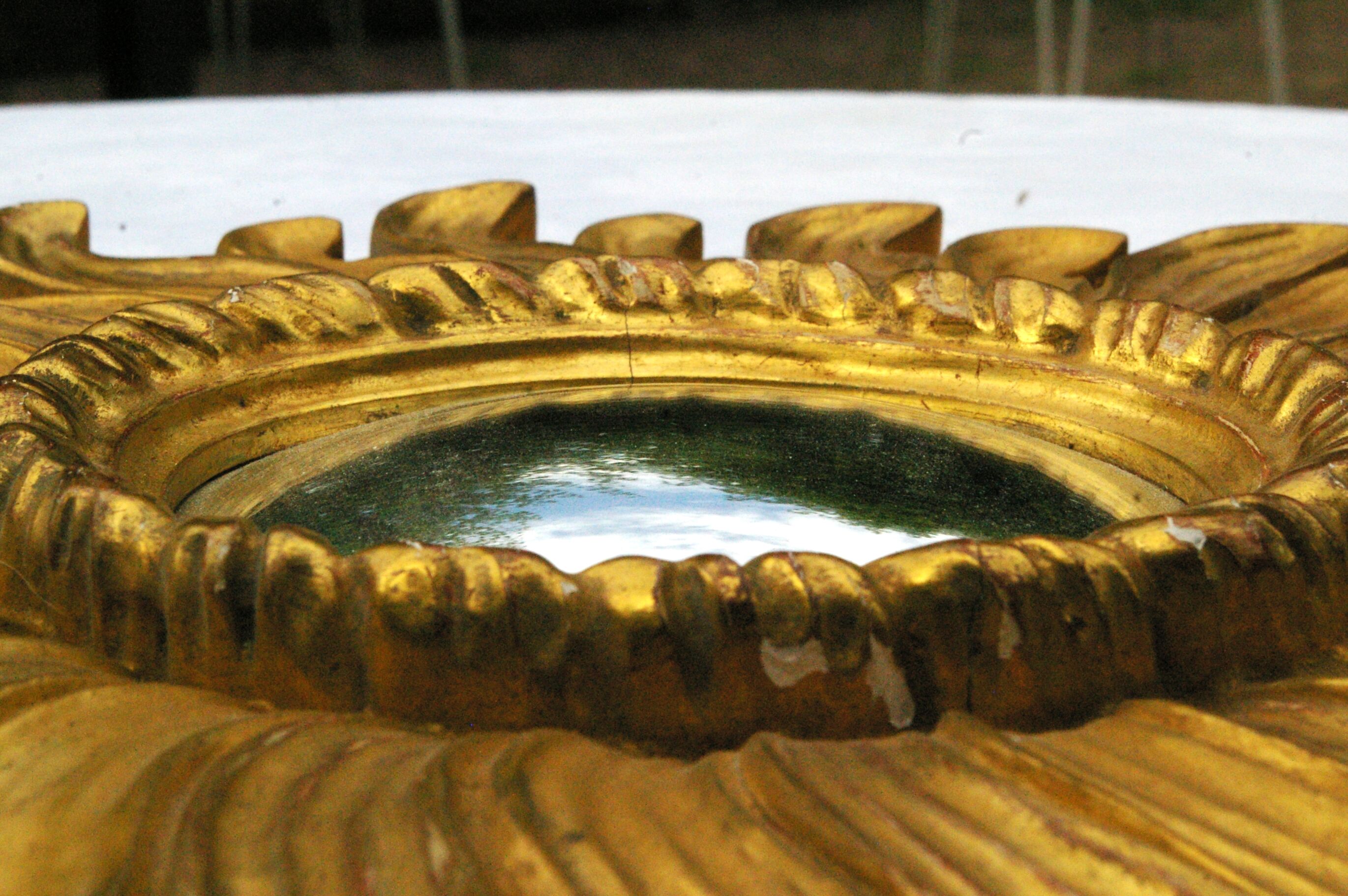 Old mirror sun domed golden wood "witch's eye"