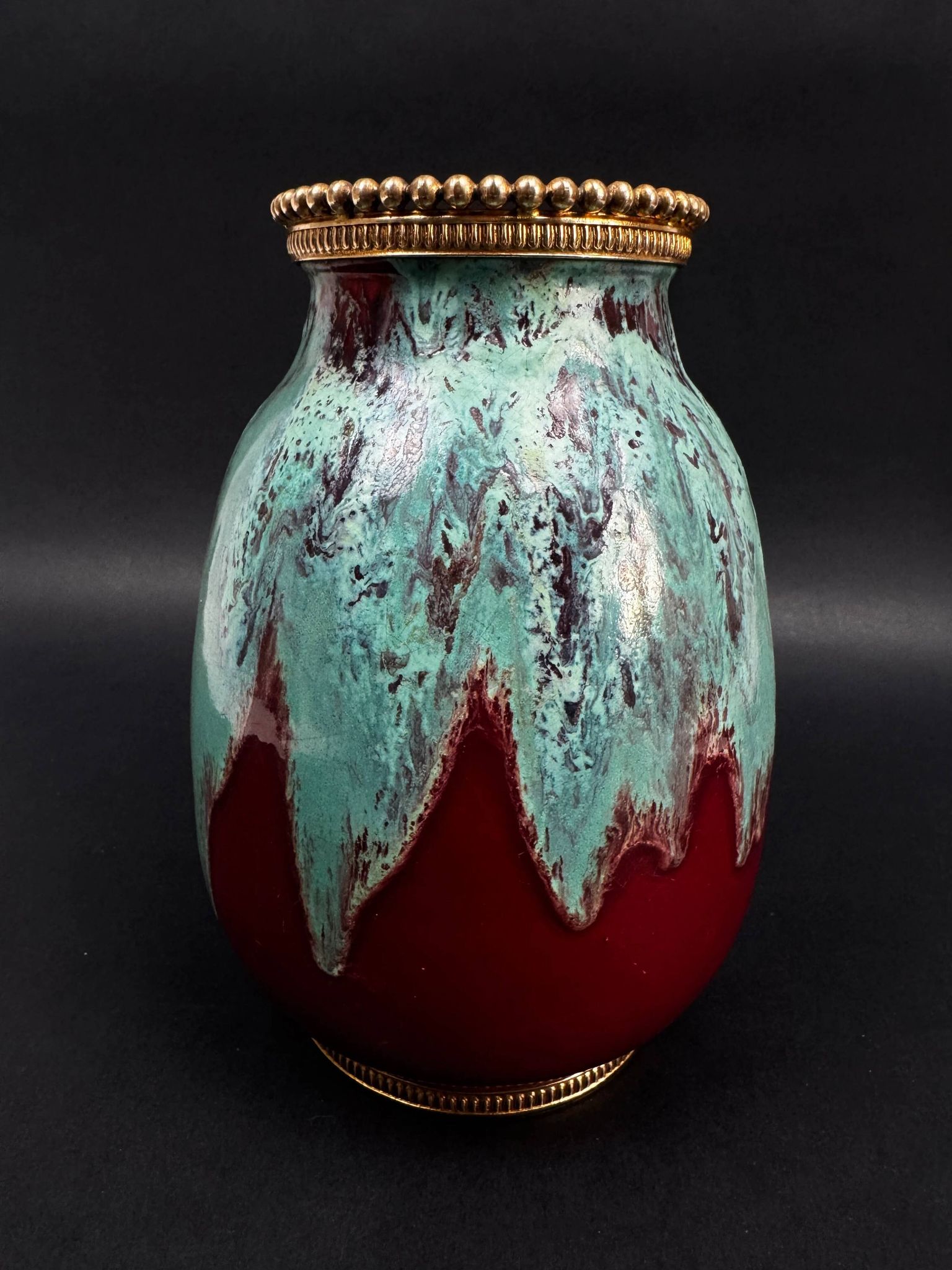 Vase CAB (Ceramics of Art from Bordeaux), turquoise green and red glaze.