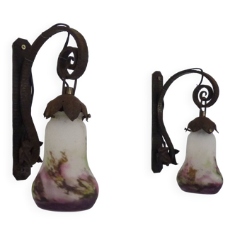 2 Wrought iron wall lights with 2 glass paste tulips Signed Muller Frères Luneville.