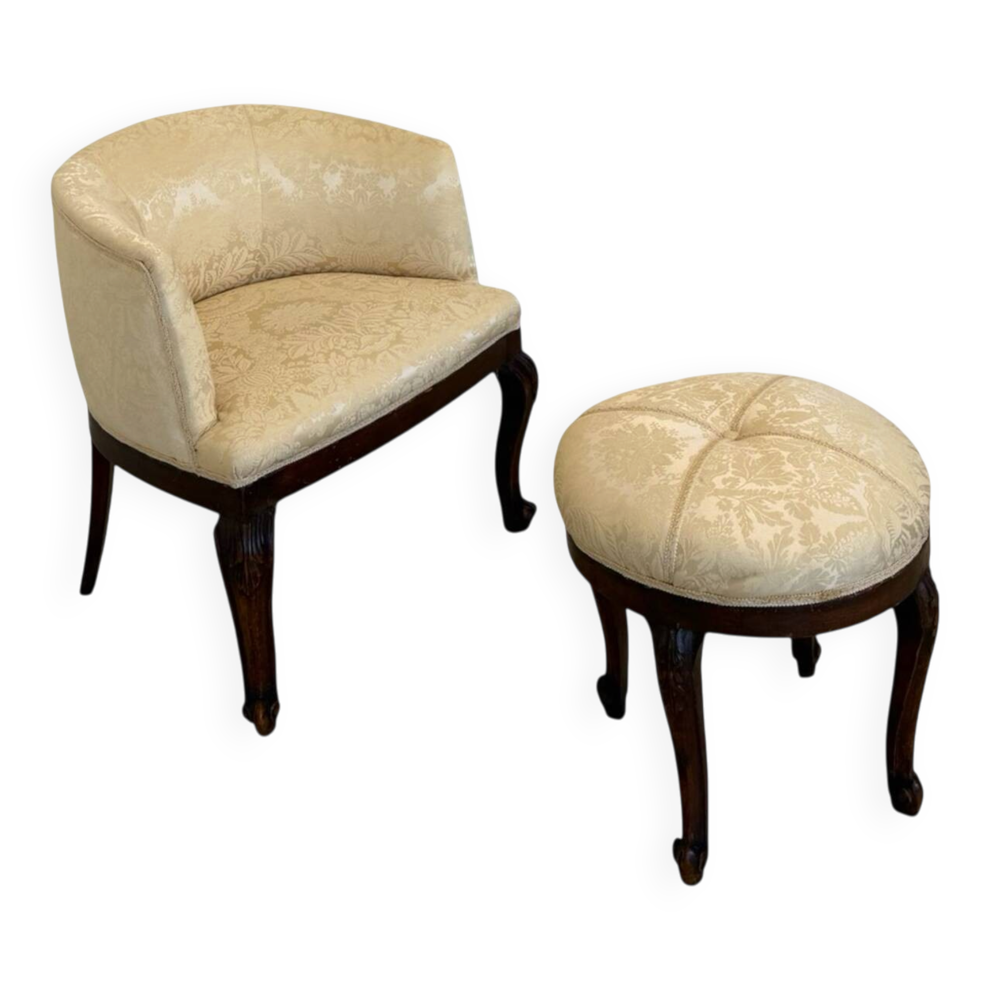 An antique Italian bar chair and a matching tufted vanity stool.
