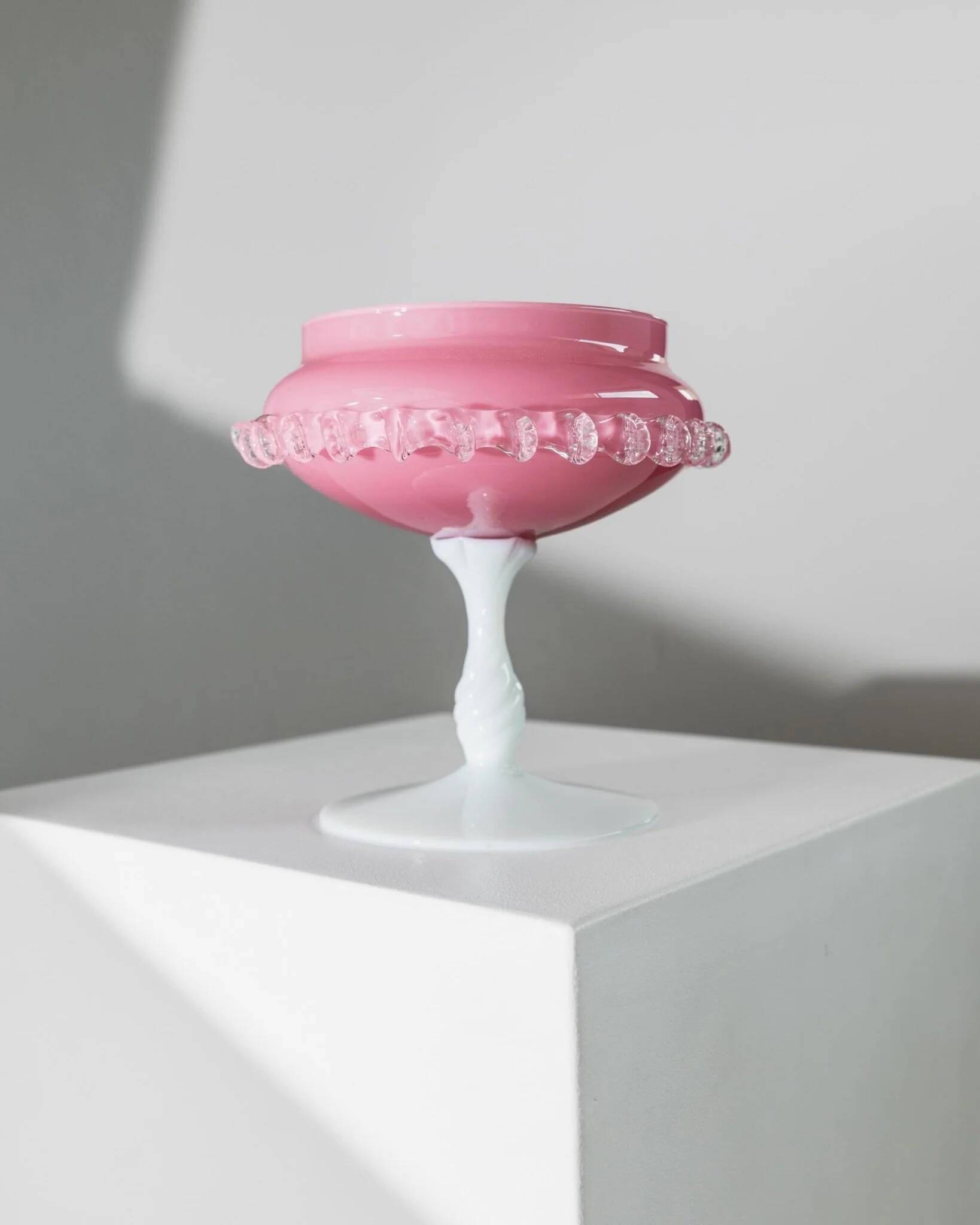 Vintage Empoli Glass Bowl in Pink Opaline with White Pedestal and Bead Trim - Murano-Style Mid-Century Italian Table Centerpiece