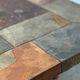 Large vintage slate mosaic coffee table, oak pedestal base, brutalist octagonal