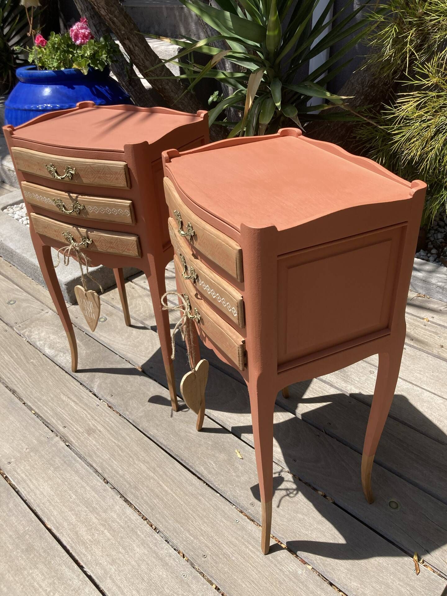 Pair of revamped bohemian / berber bedside tables with the heart "life is beautiful"