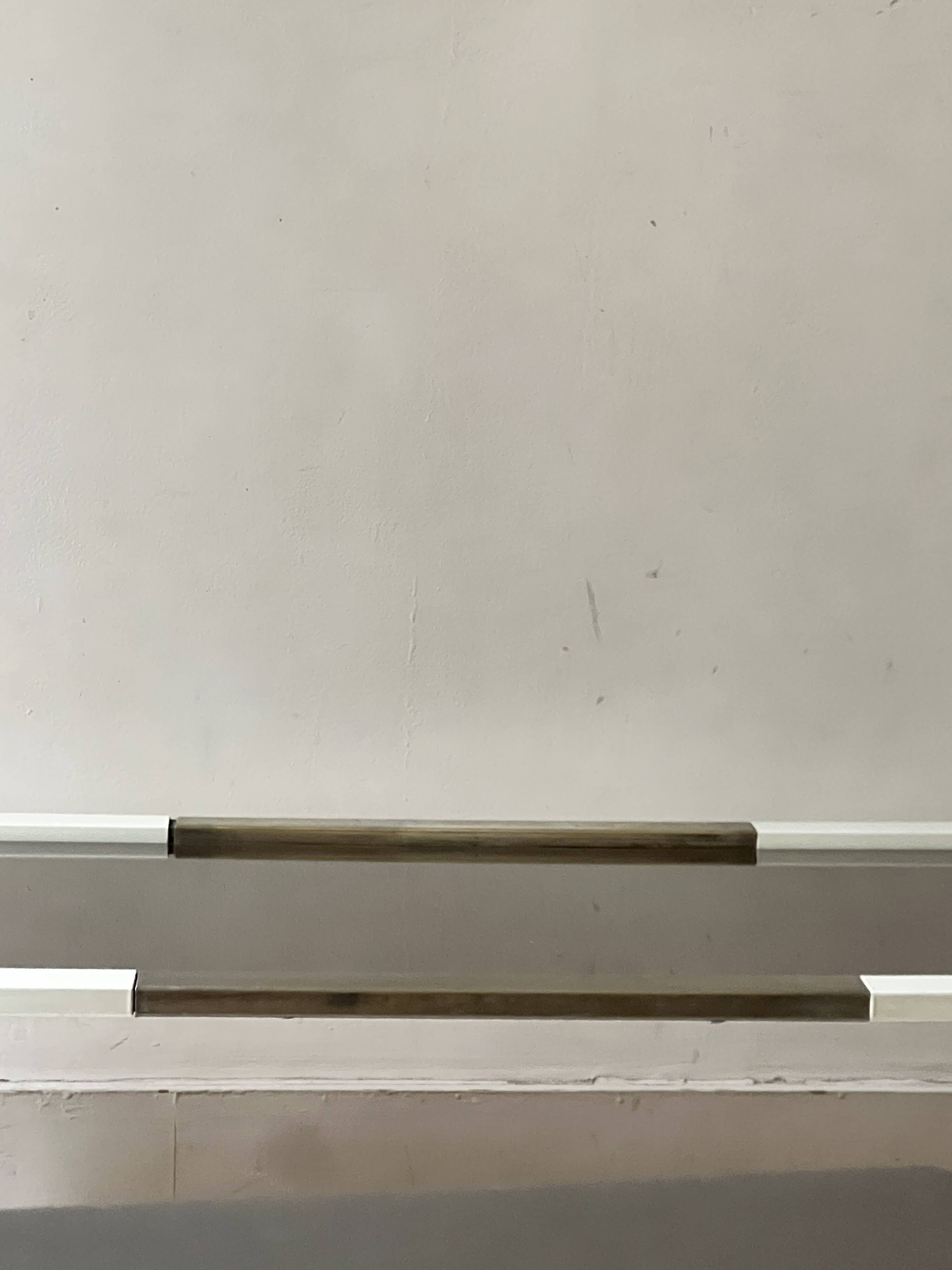 Rectangular coffee table with rounded edges, lacquered metal, brass & smoked mirror, 70s design.