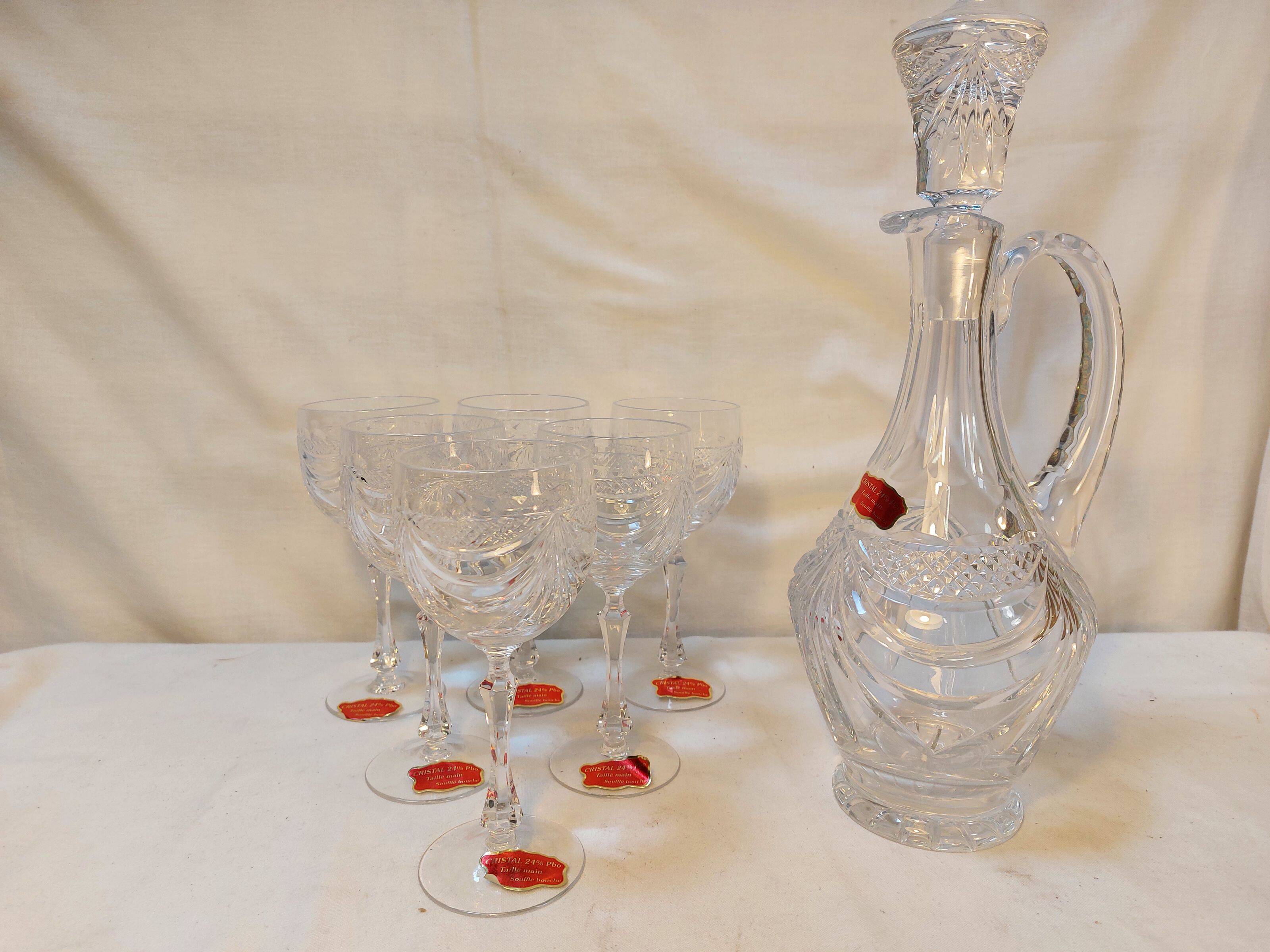 Set of 6 wine glasses and carafe in Lorraine Crystal - Gérard Model