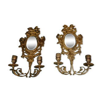 Pair of bronze wall lamps with beveled mirror XIXth