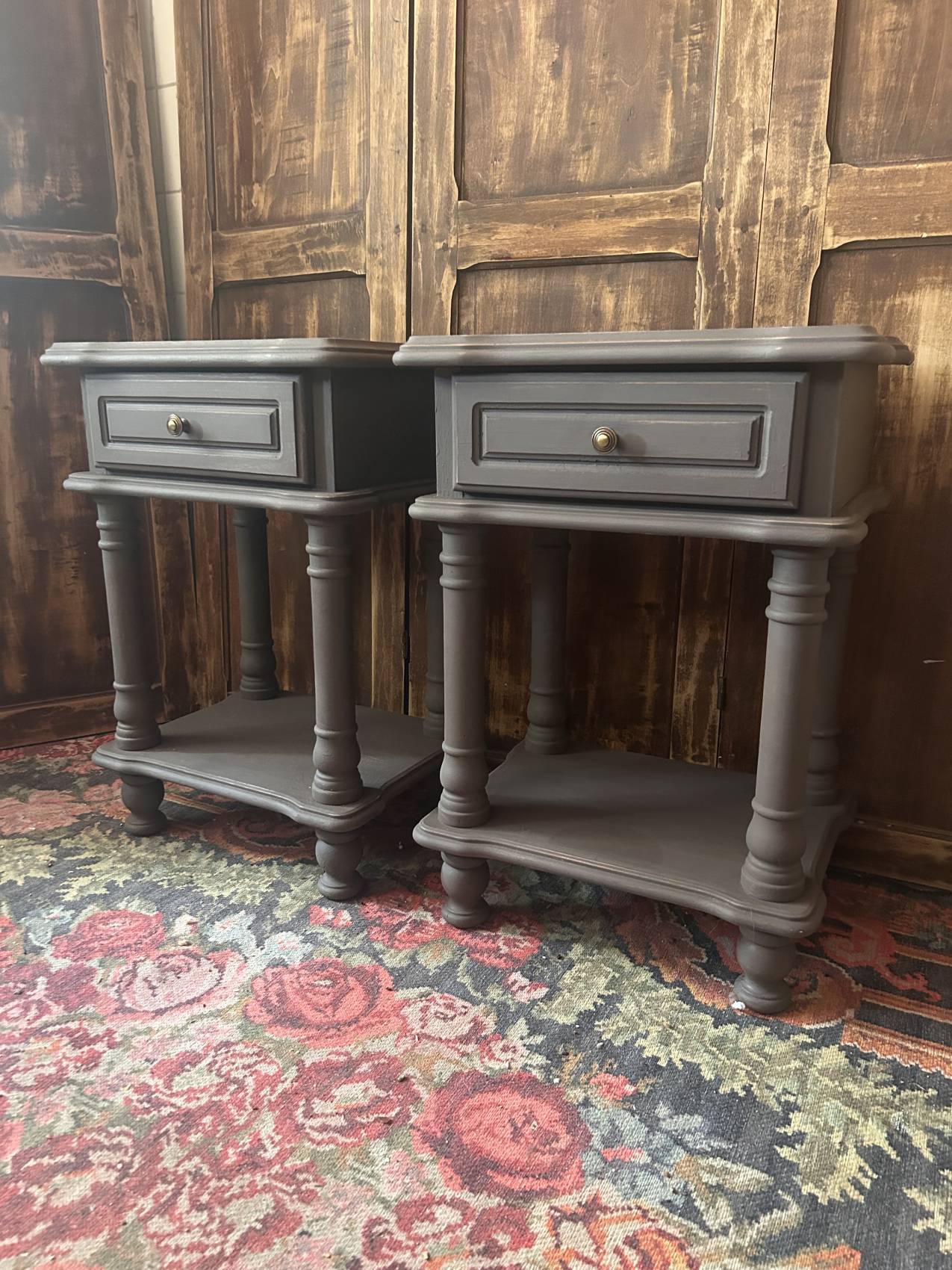 Pair of vintage bedside tables in fir, reimagined – waxed finish – both elegant.