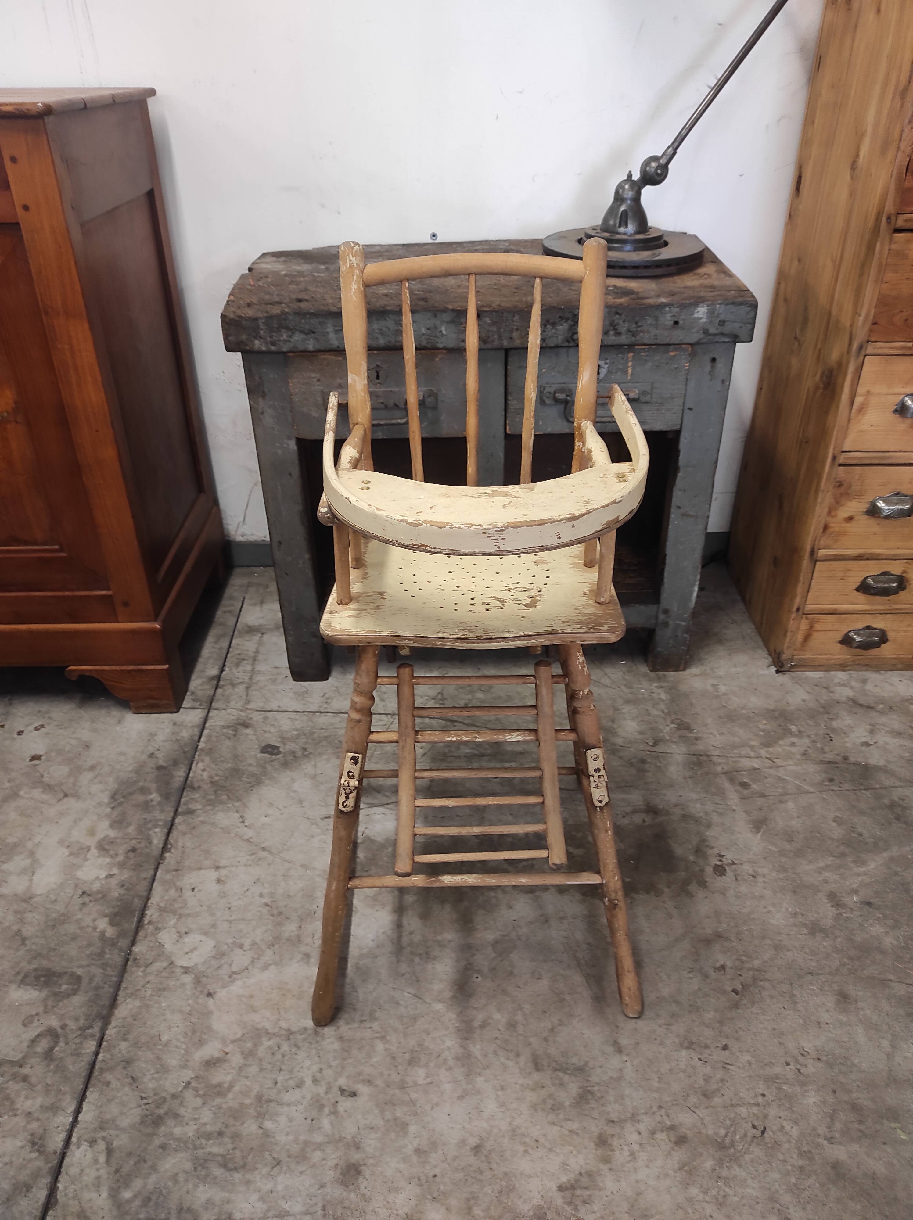 High chair retro baby old wood beech modular patinated white cream art deco dlg Baumann