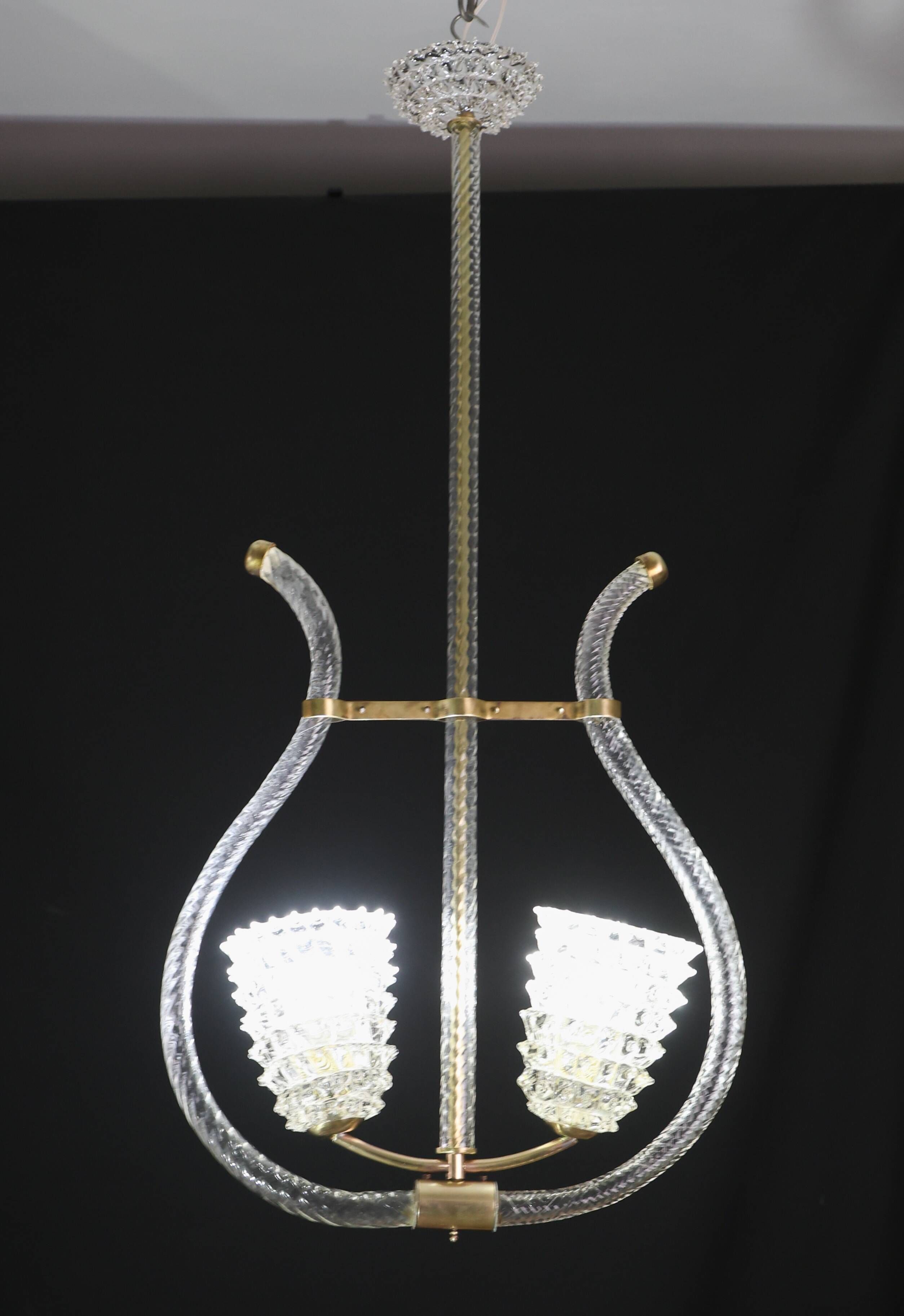Amazing 2 Light Clear Rostrato Murano Glass Chandelier by Barovier & Toso,