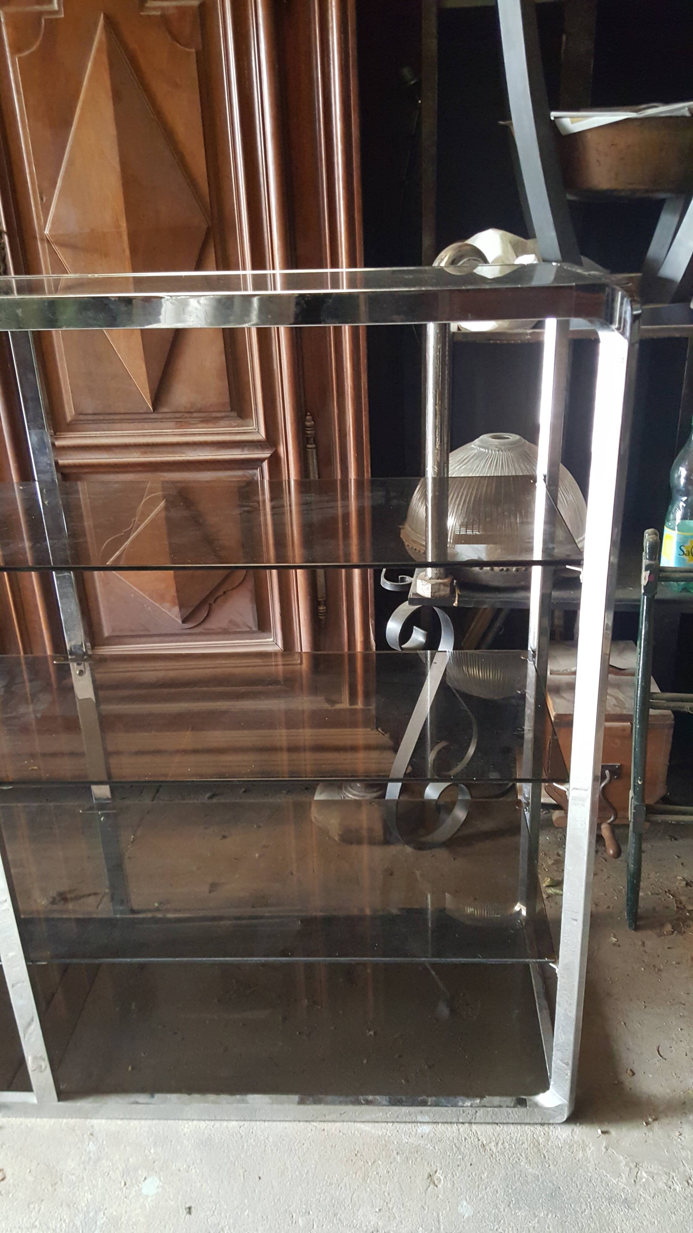 Large double shelf in chrome and smoked glass, 1970s, by Fratelli