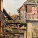 Watercolor vintage village view
