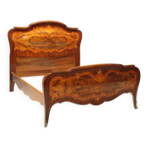 Lit double ancien baroque en noyer et acajou XXe siècle