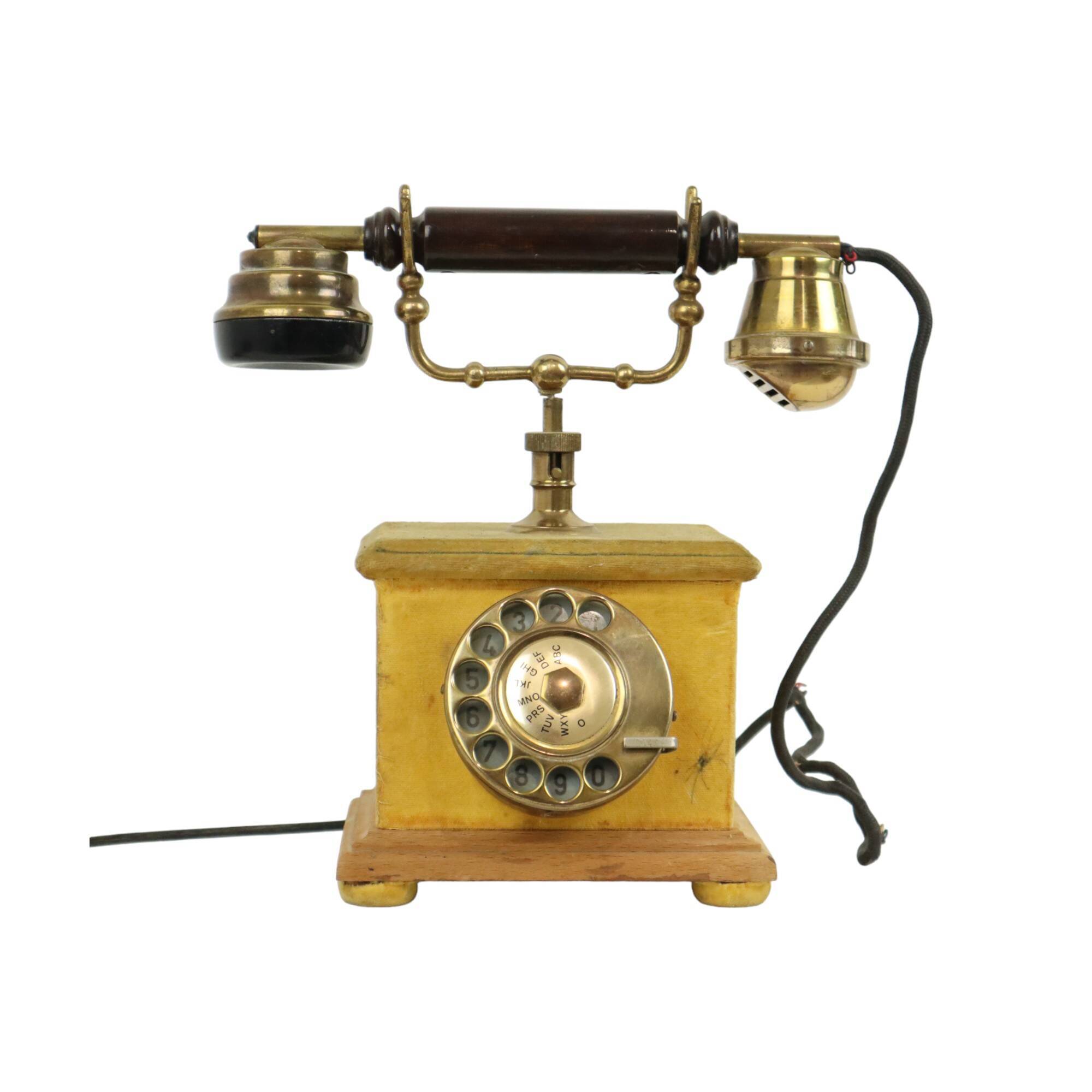 Old Italian Analog Telephone with Rotary Copper Wood Velvet