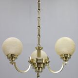 1930s Art Deco brass chandelier with textured glass globes, Czechoslovakia