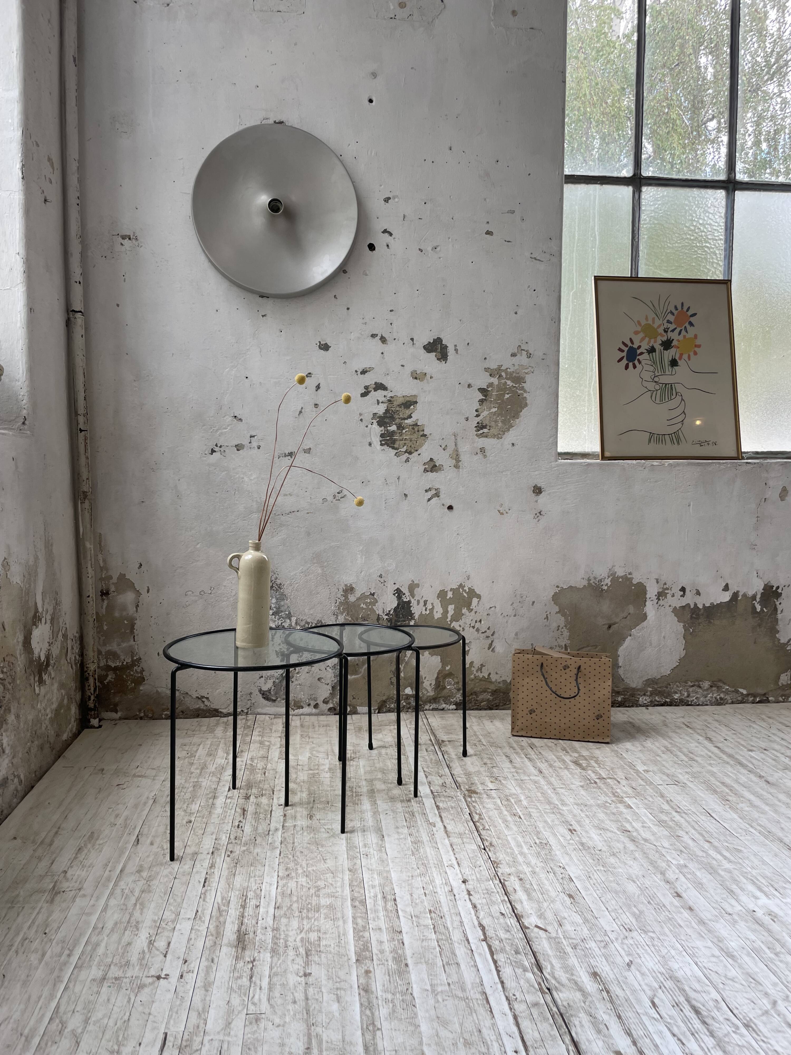 50s metal and glass nesting coffee tables