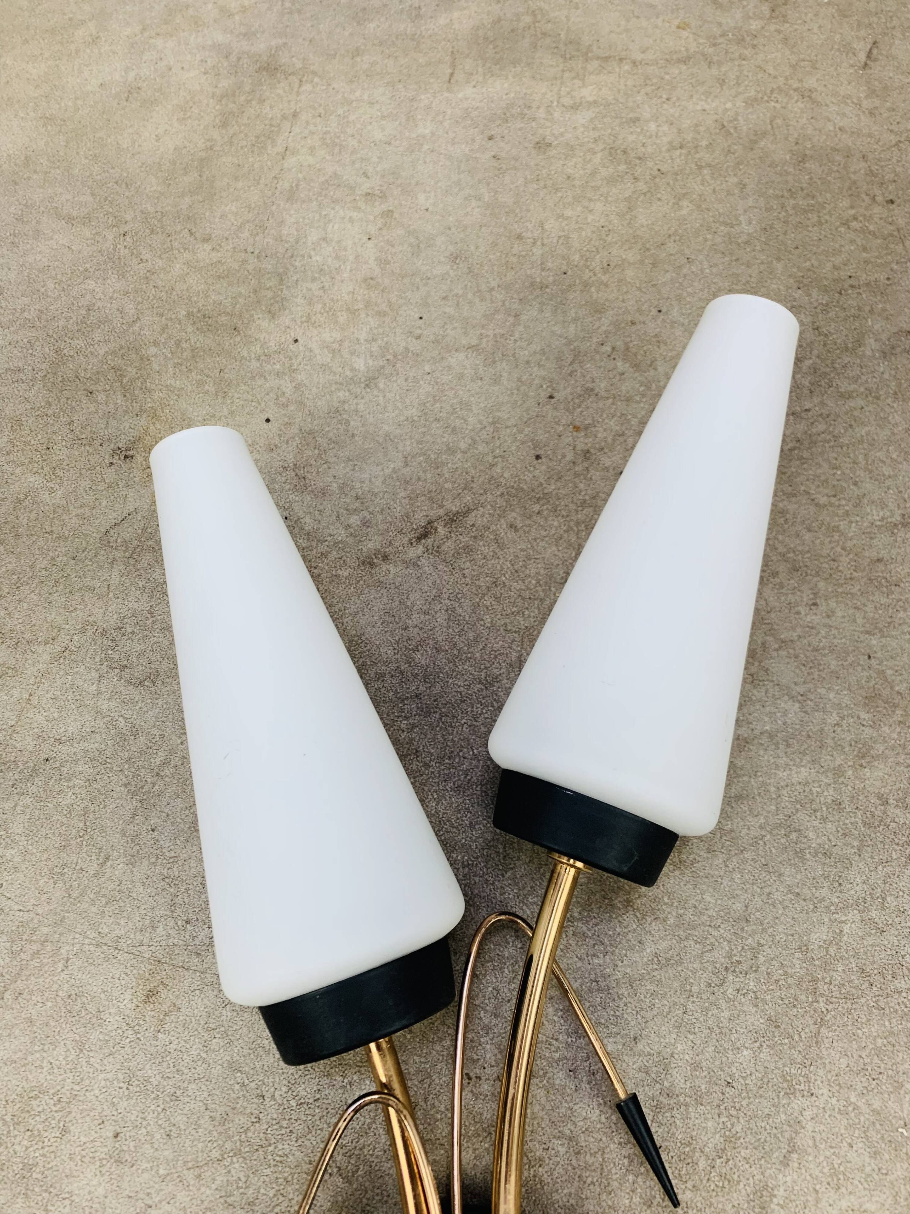 Pair of 1950s wall lights, opaline and brass tulips, Lunel Arlus