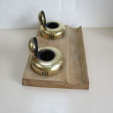 Double inkwell wood and brass