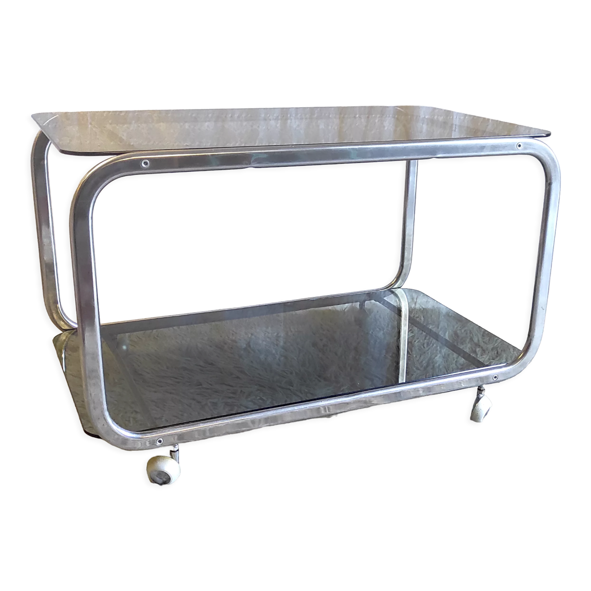 Side table in chromed metal and smoked glass, 60s-70s