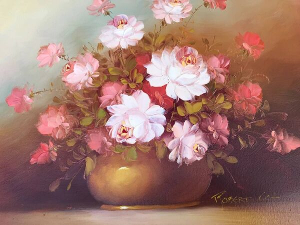 Années 1970 Robert Cox (1934-2001) Tableau huile sur toile '' Le bouquet