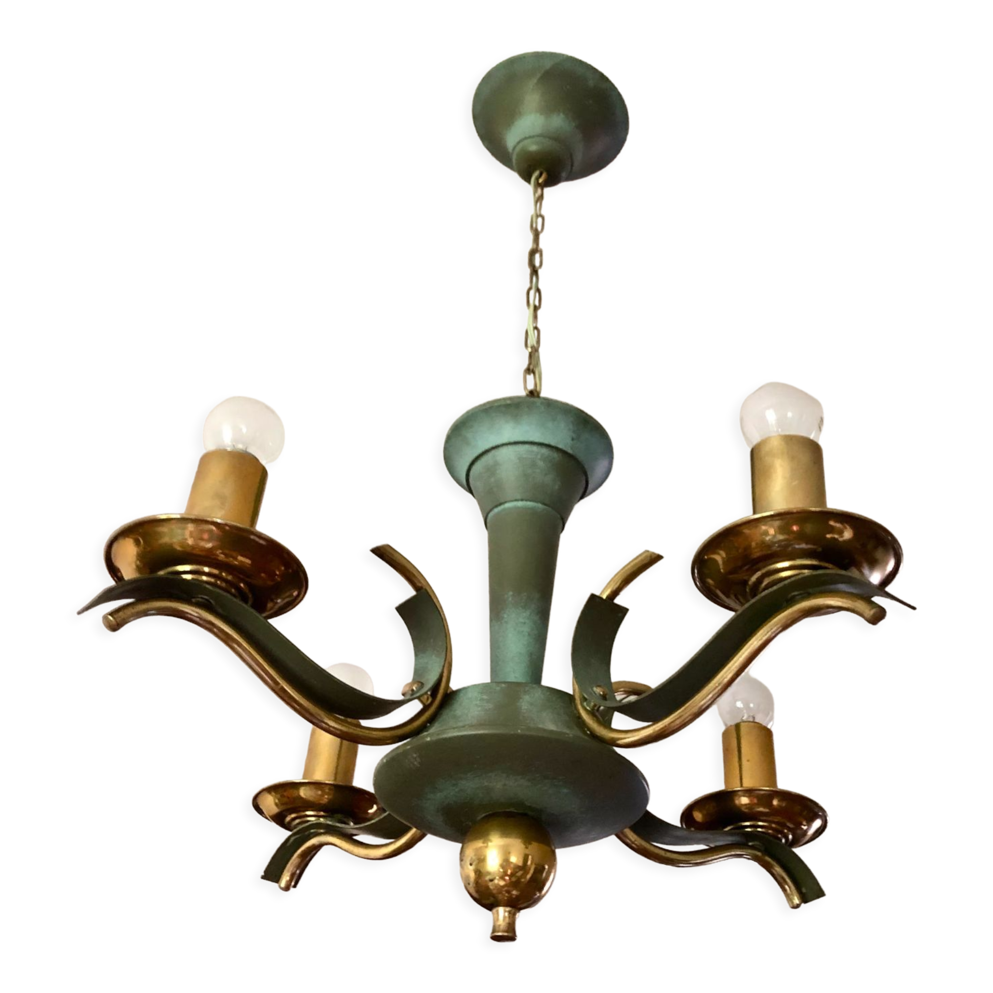 Celadon green modernist chandelier and solid brass