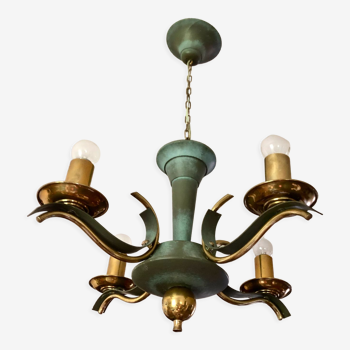 Celadon green modernist chandelier and solid brass