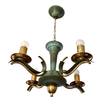 Lustre moderniste vert céladon et laiton massif