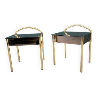 Pair of bedside tables in smoked mirror and gold chrome, 1970